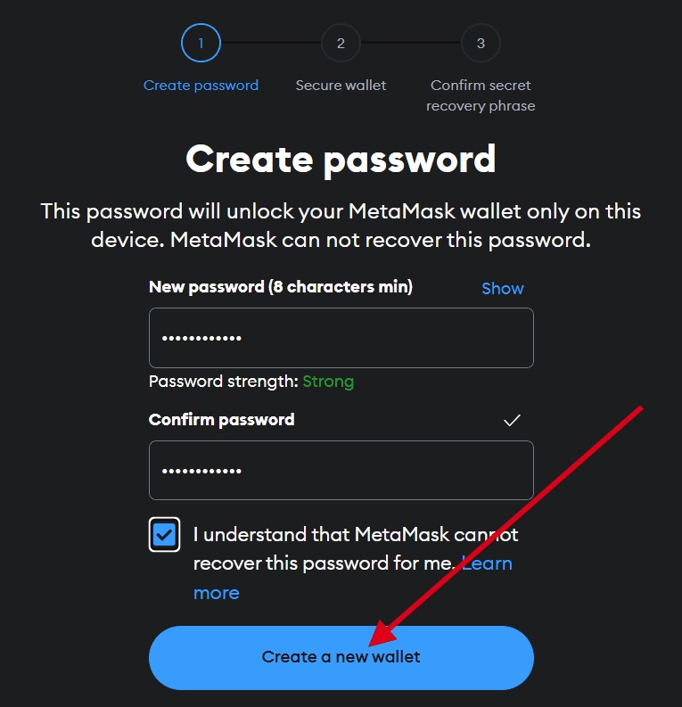 Экран создания пароля MetaMask