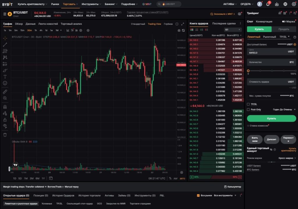 Спотовый терминал Bybit с графиком и стаканом ордеров