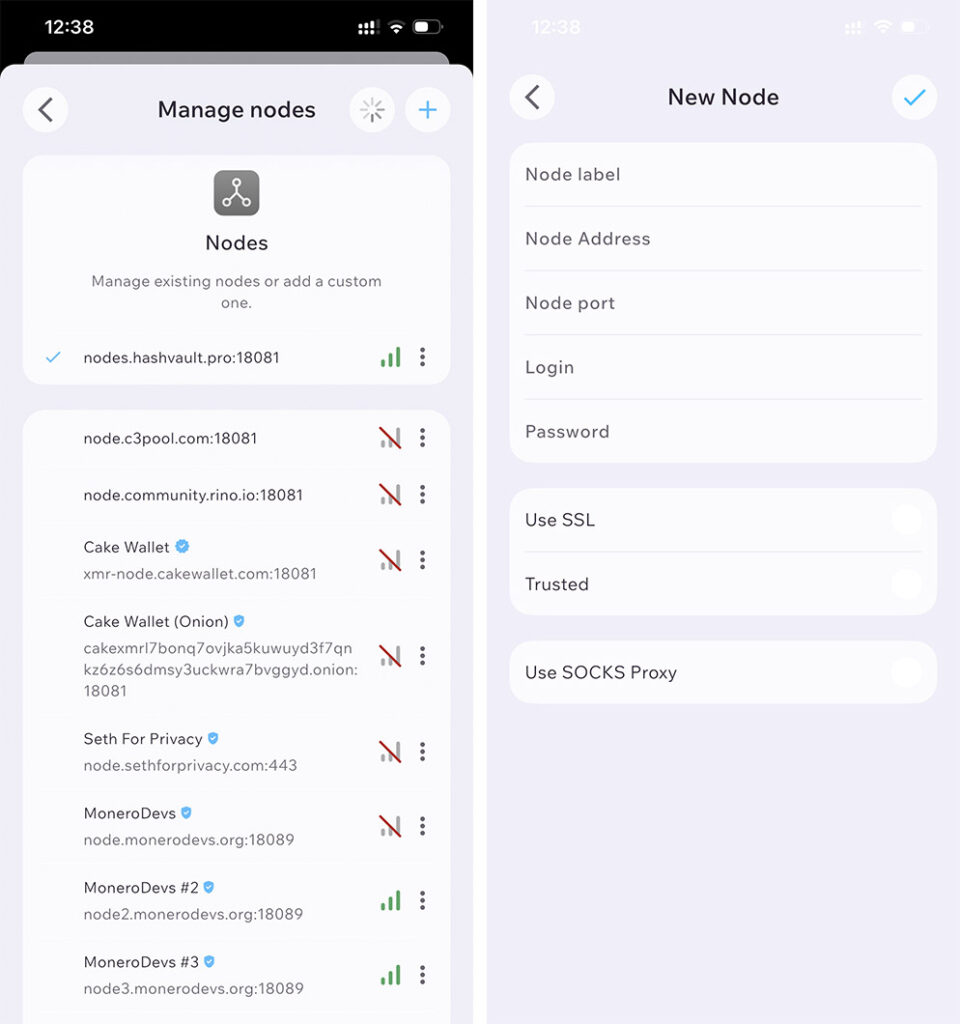 Cake Wallet - выбор ноды, Tor, prohibit
