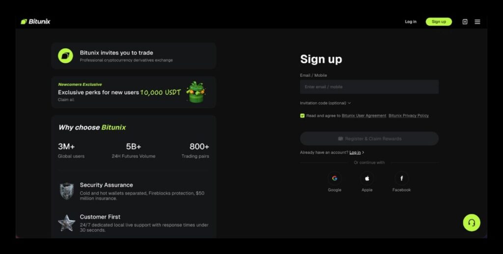 Форма регистрации Bitunix