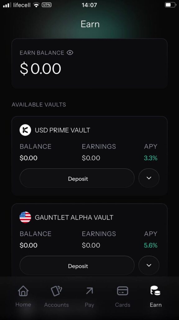 KAST Earn с APY и активными vault