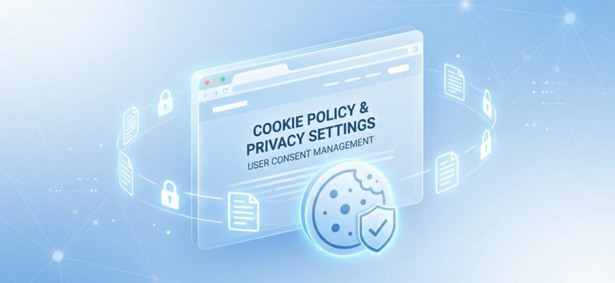 A clean, modern digital illustration representing internet privacy and cookie policy concepts. A semi-transparent browser window floats in a softly lit blue and white gradient environment, with small glowing text file icons and padlock symbols orbiting around it. Subtle network connection lines and data nodes are visible in the background. A cookie icon with a shield overlay sits prominently in the foreground, symbolizing data protection and user consent. The overall aesthetic is professional, minimalist, and tech-oriented, with a cool blue and white color palette conveying trust and transparency.