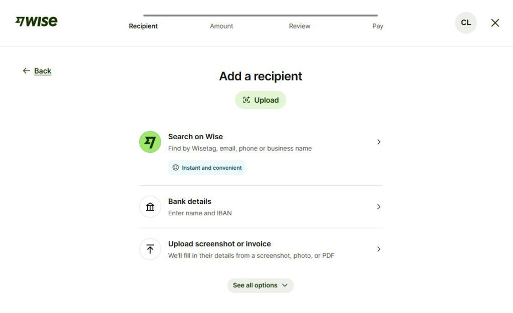 Wise Business - экран «Add a recipient» с вариантами